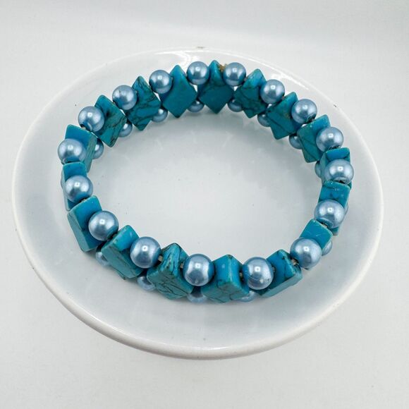 Turquoise Howlite Faux Pearl Beaded Stretch Bracelet Chunky Boho Southwestern - Picture 6 of 7